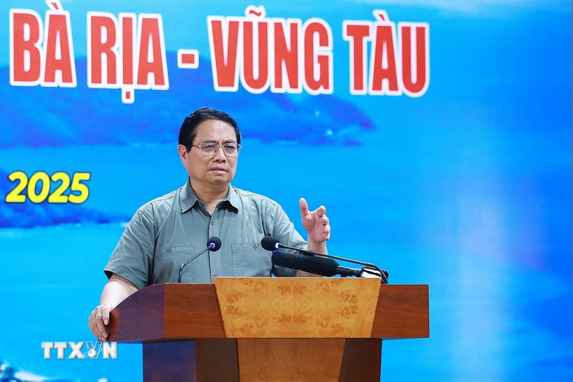 Thủ tướng Phạm Minh Chính phát biểu kết luận buổi làm việc với Ban Thường vụ Tỉnh ủy Bà Rịa-Vũng Tàu. (Ảnh: Dương Giang/TTXVN)