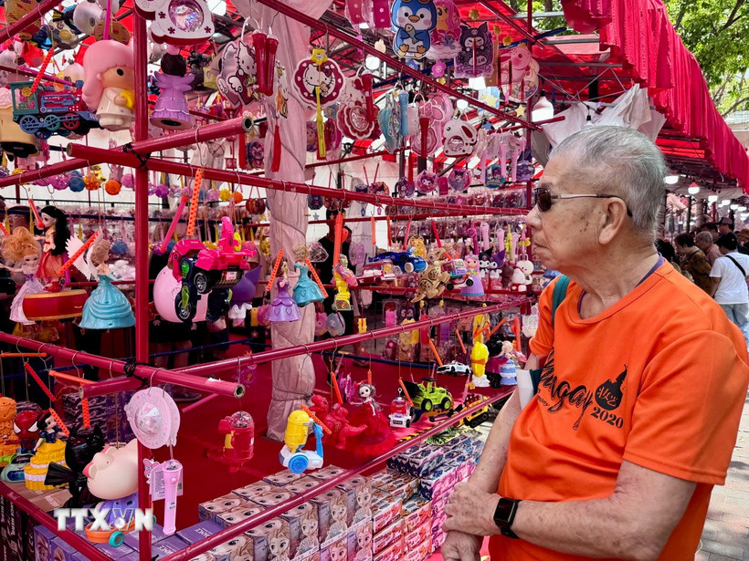 Một ông lão trầm ngâm trước các món đồ Trung thu bắt mắt. (Ảnh: Đỗ Vân/TTXVN)