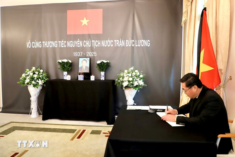 Đại sứ Vũ Quang Minh đọc Thông cáo đặc biệt về việc tổ chức Lễ tang đồng chí Trần Đức Lương với nghi thức Quốc tang. (Ảnh: Phương Hoa/TTXVN)