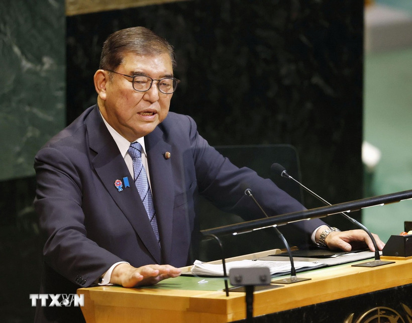 Thủ tướng Nhật Bản Shigeru Ishiba phát biểu tại Khóa họp 80 của Đại hội đồng Liên hợp quốc ở New York, Mỹ. (Ảnh: Kyodo/TTXVN)