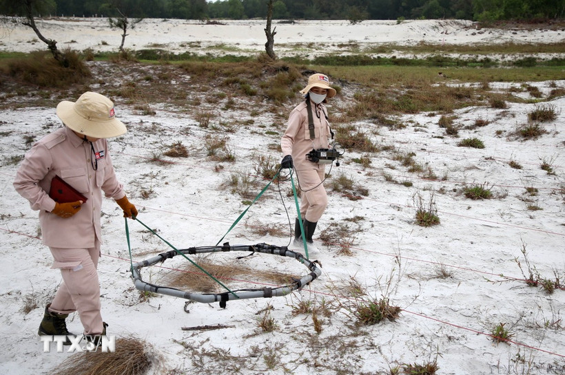 Được thành lập vào tháng 8/2018, MAT 19 là tên gọi của đội nữ rà phá bom mìn do tổ chức phi chính phủ (MAG) triển khai hoạt động tại tỉnh Quảng Trị, đã phát hiện và hủy nổ hàng trăm vật liệu nổ các loại, trả lại đất an toàn cho người dân canh tác. (Ảnh: Hồ Cầu/TTXVN)