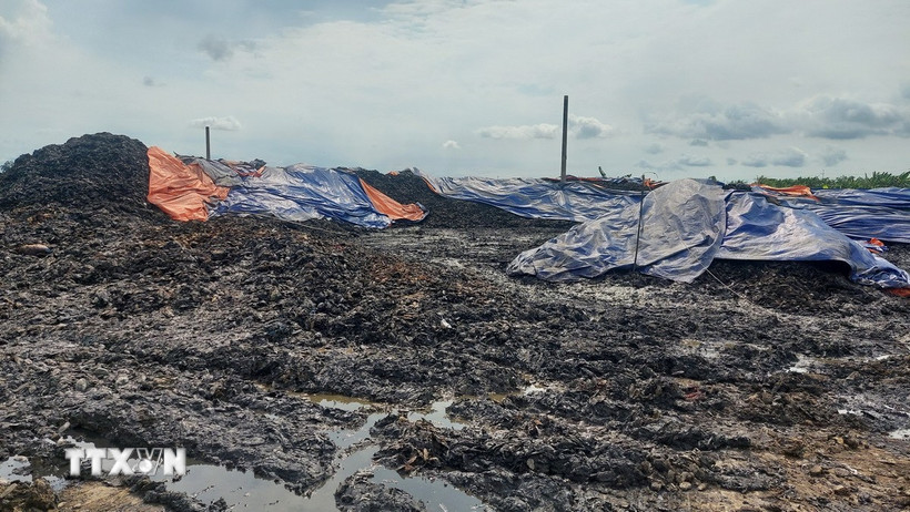 Khu chứa chất thải rắn công nghiệp thông thường của Công ty TNHH thương mại dịch vụ nông nghiệp Địa Long. (Ảnh: TTXVN phát)