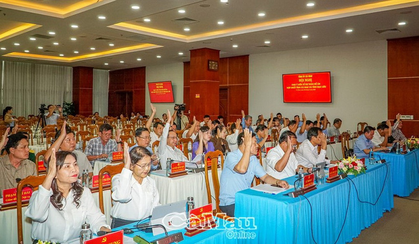 100% đại biểu biểu quyết thông qua Nghị quyết của Ban Chấp hành Đảng bộ tỉnh Cà Mau về Đề án hợp nhất 2 tỉnh Cà Mau và Bạc Liêu. (Nguồn: Báo Cà Mau)