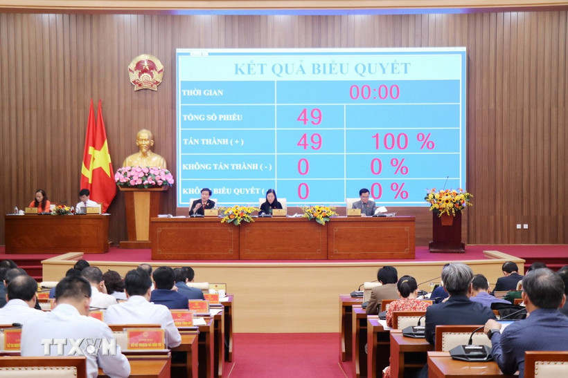 Đại biểu ấn nút thông qua các Nghị quyết tại Kỳ họp thứ 13 Hội đồng Nhân dân tỉnh Quảng Ngãi. (Ảnh Phạm Cường/TTXVN)