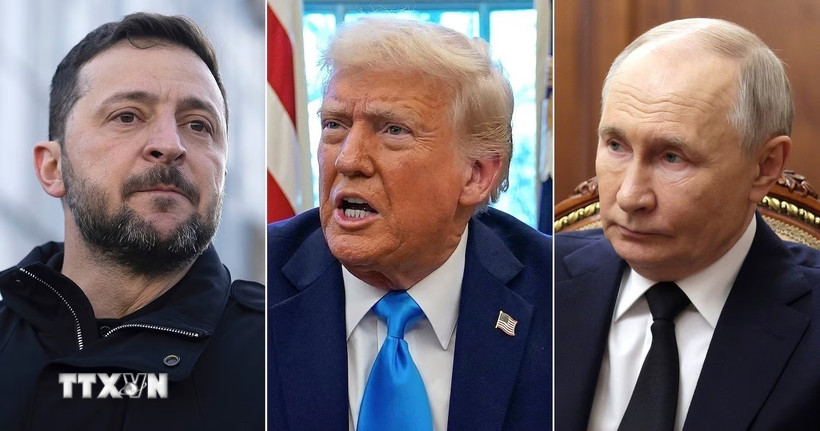 (Từ trái sang) Tổng thống Ukraine Volodymyr Zelensky, Tổng thống Mỹ Donald Trump và Tổng thống Nga Vladimir Putin. (Ảnh: AP/TTXVN)