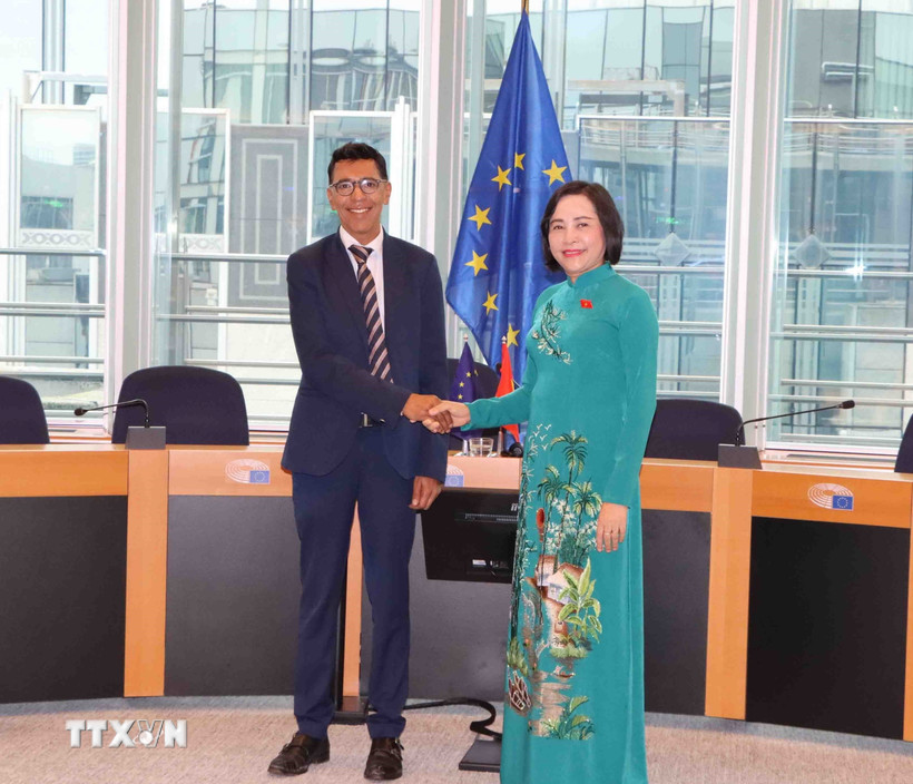 Phó Chủ tịch Quốc hội Nguyễn Thị Thanh và Phó Chủ tịch Nghị viện châu Âu (EP), Younous Omarjee. (Ảnh: Hương Giang/TTXVN)