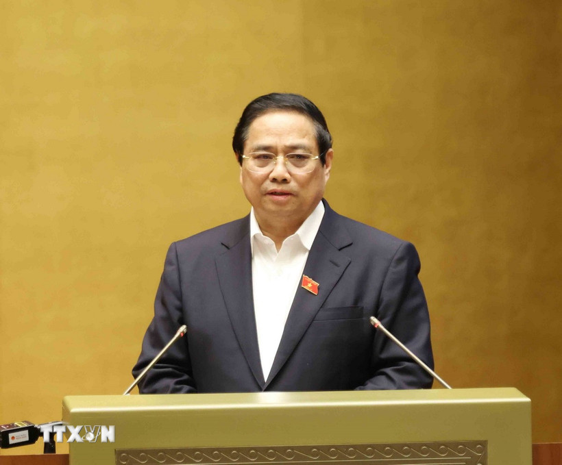 Thủ tướng Phạm Minh Chính trình bày Chuyên đề 1 "Nội dung trọng tâm, cốt lõi của Nghị quyết số 68-NQ/TW, ngày 4/5/2025 của Bộ Chính trị về phát triển kinh tế tư nhân và Kế hoạch hành động thực hiện Nghị quyết." (Ảnh: Phương Hoa/TTXVN)