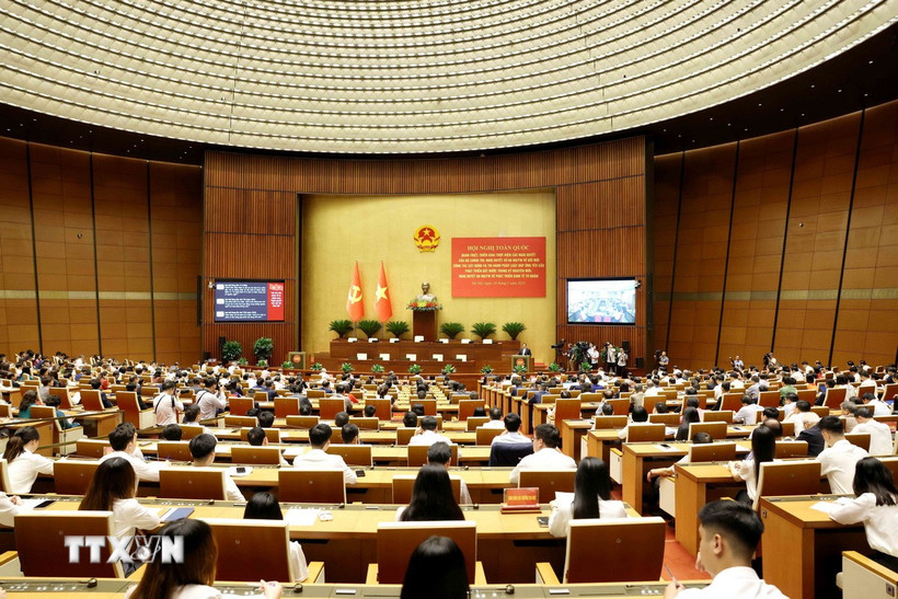 Toàn cảnh hội nghị tại điểm cầu chính Hội trường Diên Hồng, Nhà Quốc hội. (Ảnh: Phương Hoa/TTXVN)