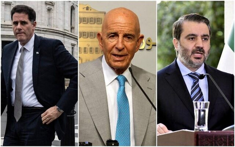 (Từ trái qua phải): Bộ trưởng phụ trách các vấn đề chiến lược kiêm cố vấn thân cận của Thủ tướng Benjamin Netanyahu, Ron Dermer, Đặc phái viên Mỹ về Syria Thomas Barrack và Ngoại trưởng Syria Assad al-Sheibani. (Nguồn: AFP)