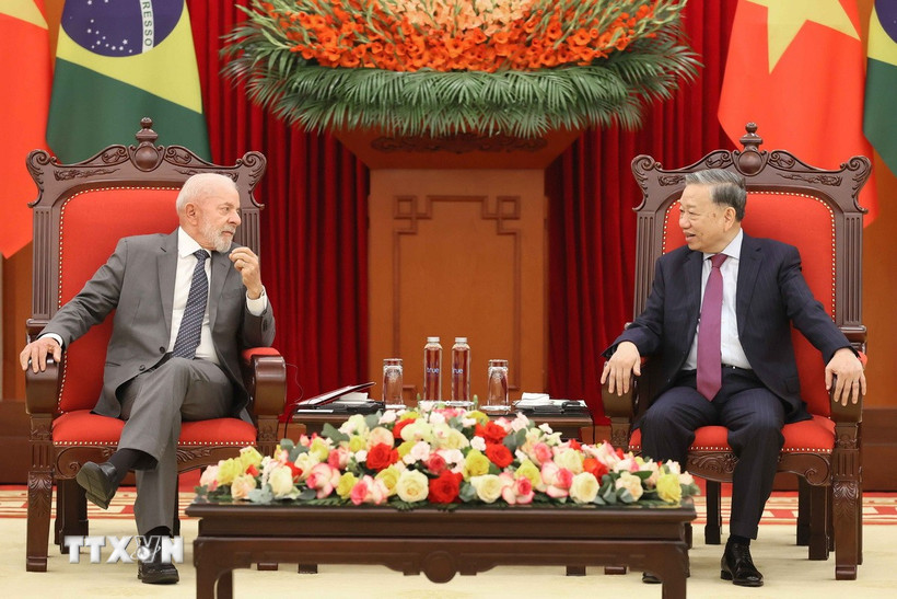 Tổng Bí thư Tô Lâm tiếp Tổng thống Cộng hòa Liên bang Brazil Luiz Inácio Lula da Silva. (Ảnh: An Đăng/TTXVN)