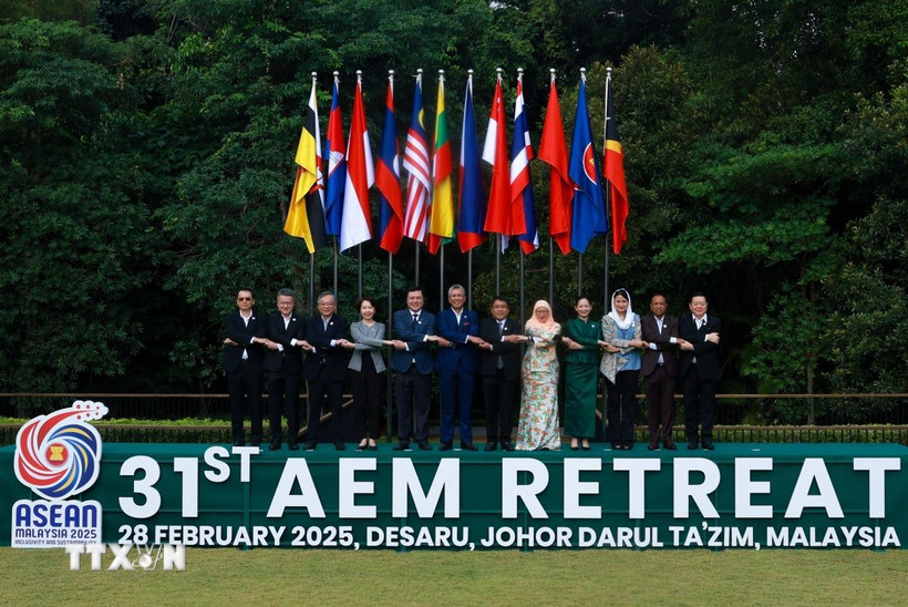 Các đại biểu tham dự Hội nghị Bộ trưởng Kinh tế ASEAN hẹp lần thứ 31 (AEMR-31) chụp ảnh kỷ niệm. (Ảnh: Thành Trung/TTXVN)