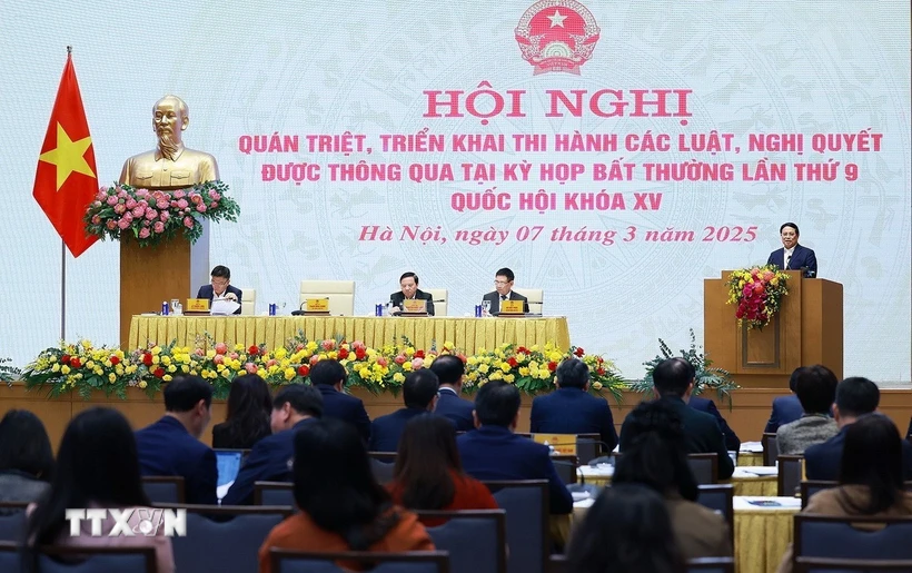 Thủ tướng Phạm Minh Chính phát biểu tại Hội nghị quán triệt Nghị quyết của Quốc hội. (Ảnh: Dương Giang/TTXVN)