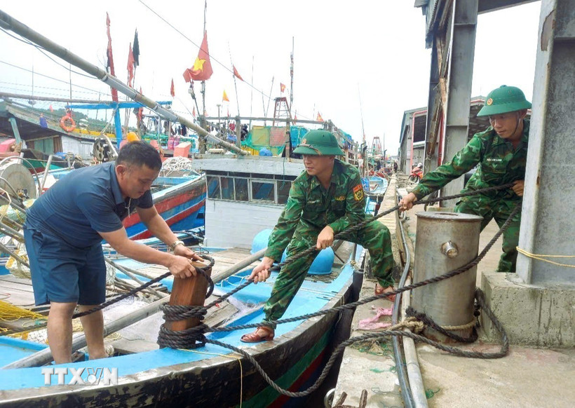 Lực lượng Bộ đội biên phòng tỉnh Nghệ An hỗ trợ giúp ngư dân chằng néo tàu thuyền tại nơi tránh trú bão an toàn. (Ảnh: TTXVN phát)