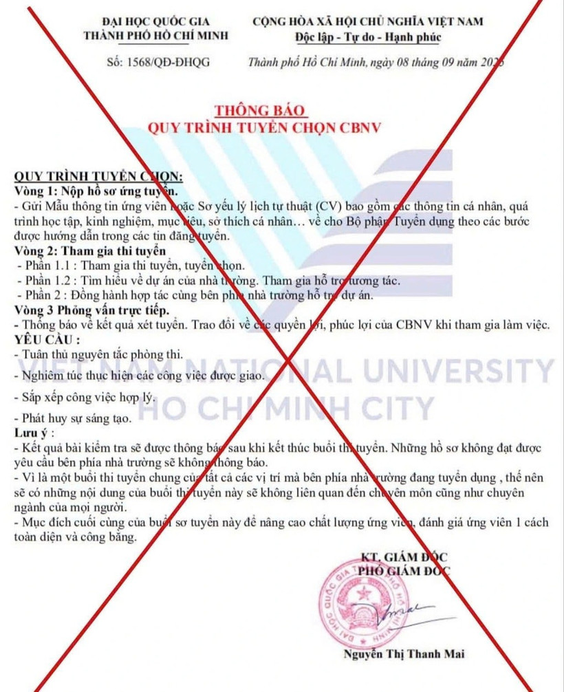 Thông tin tuyển dụng cán bộ nhân viên giả mạo Đại học Quốc gia Thành phố Hồ Chí Minh.