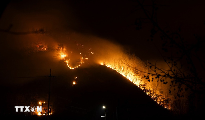 Khói lửa bốc lên từ đám cháy rừng ở Cheongsong, tỉnh Bắc Gyeongsang, Hàn Quốc. (Ảnh minh họa: Yonhap/TTXVN)