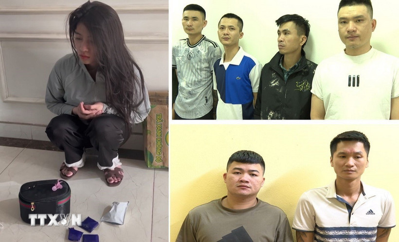 Các đối tượng bị bắt trong đường dây buôn bán chất ma túy liên tỉnh. (Ảnh: TTXVN phát)
