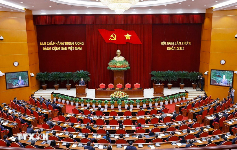 Tổng Bí thư Tô Lâm phát biểu bế mạc Hội nghị lần thứ 15 Ban Chấp hành Trung ương khóa XIII. (Ảnh: Doãn Tấn/TTXVN)