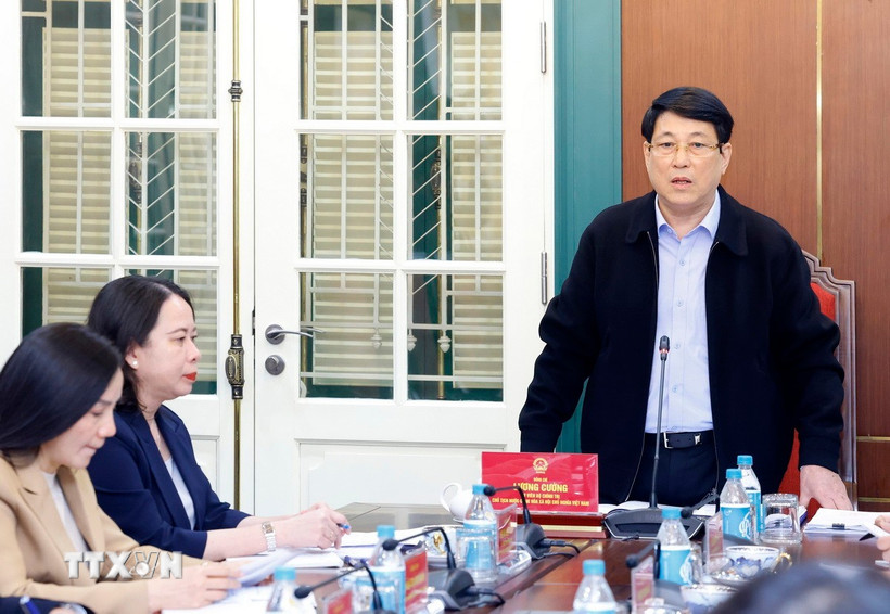 Chủ tịch nước Lương Cường chủ trì cuộc họp. (Ảnh: Lâm Khánh/TTXVN)