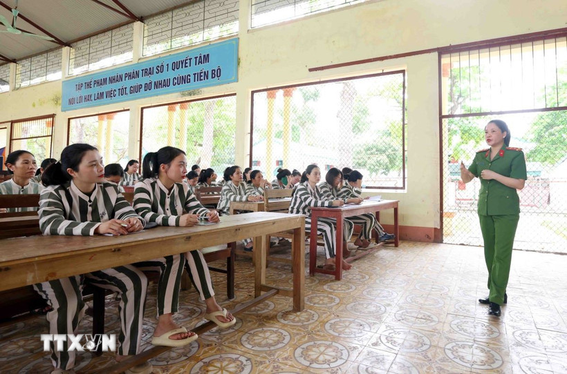 Cán bộ trại giam số 6 (Nghệ An) phổ biến, tư vấn về chính sách nhân đạo, khoan hồng của Đảng, Nhà nước đối với người phạm tội bị kết án phạt tù. (Ảnh: Phạm Kiên/TTXVN)