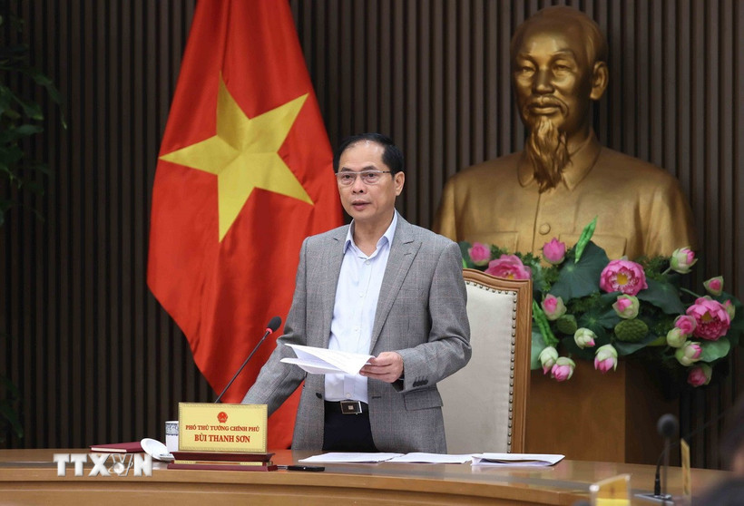 Phó Thủ tướng, Bộ trưởng Ngoại giao Bùi Thanh Sơn, Tổ trưởng Tổ công tác về tăng cường hợp tác, chủ động thích ứng với điều chỉnh chính sách kinh tế, thương mại của Hoa Kỳ phát biểu. (Ảnh: An Đăng/TTXVN)