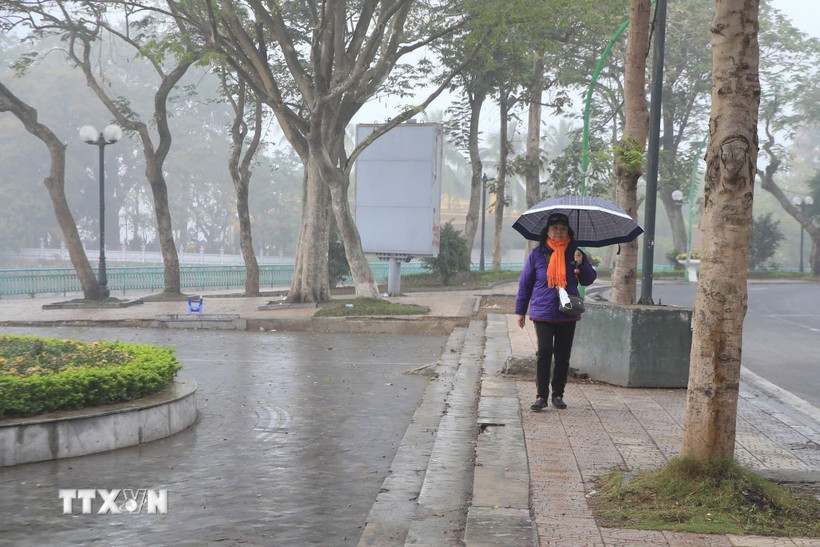 Người dân phải dùng ô vì trời xuất hiện mưa phùn, mưa nhỏ ở khu vực đường Thanh Niên và hồ Tây. (Ảnh: Nguyễn Hoa/TTXVN phát)