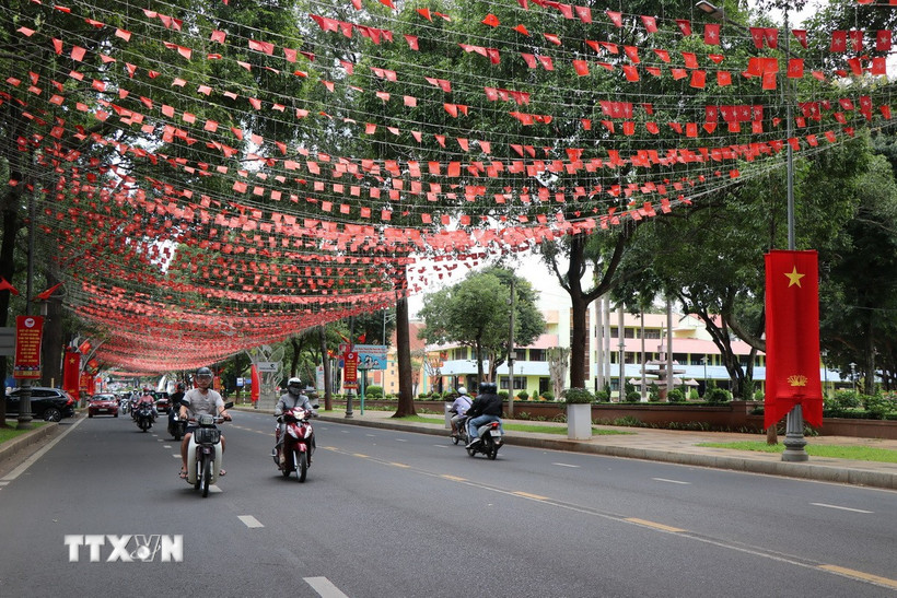 Lá cờ Tổ Quốc tô sắc trên khắp các tuyến đường của tỉnh Đắk Lắk. (Ảnh: Nguyên Dung/TTXVN)