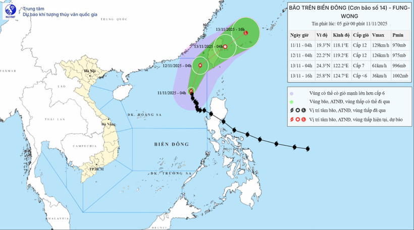 Hướng đi của bão số 14. (Nguồn: Trung tâm Khí tượng Thủy văn Quốc gia)
