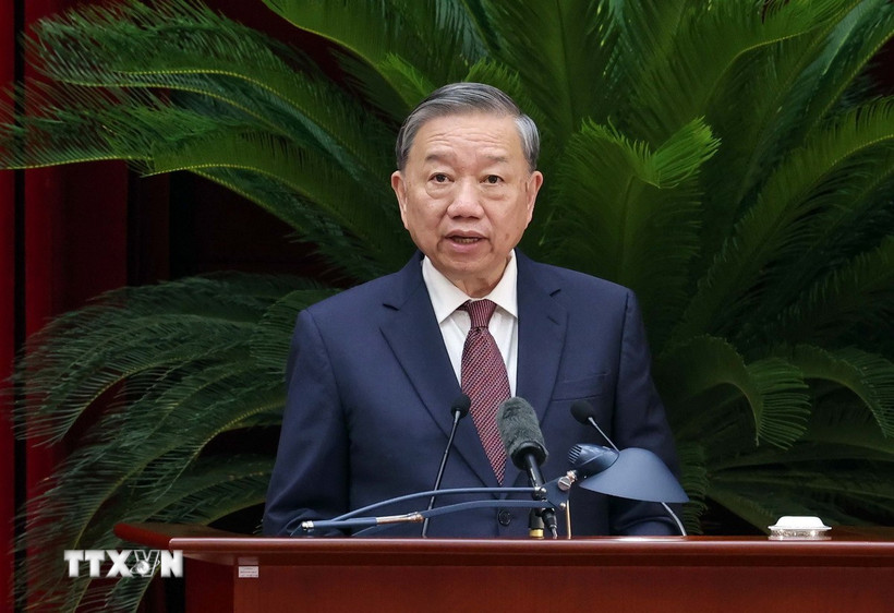 Tổng Bí thư Tô Lâm phát biểu bế mạc Hội nghị lần thứ 12 Ban Chấp hành Trung ương Đảng khóa XIII. (Ảnh: Phạm Kiên/TTXVN)