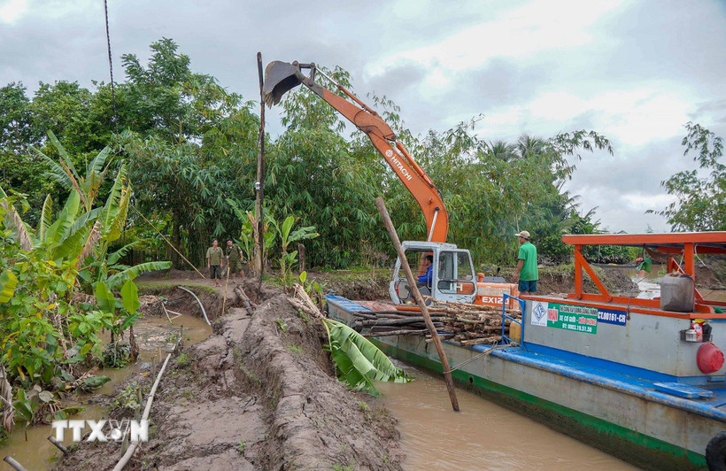 Lực lượng chức năng huy động phương tiện khắc phục đoạn đê bị vỡ trên cồn Sơn, khu vực 17, phường Bình Thủy, thành phố Cần Thơ. (Ảnh: Thanh Liêm/TTXVN)