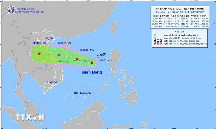 Hướng di chuyển của áp thấp nhiệt đới lúc 7 giờ ngày 28/8. (Ảnh: TTXVN phát)
