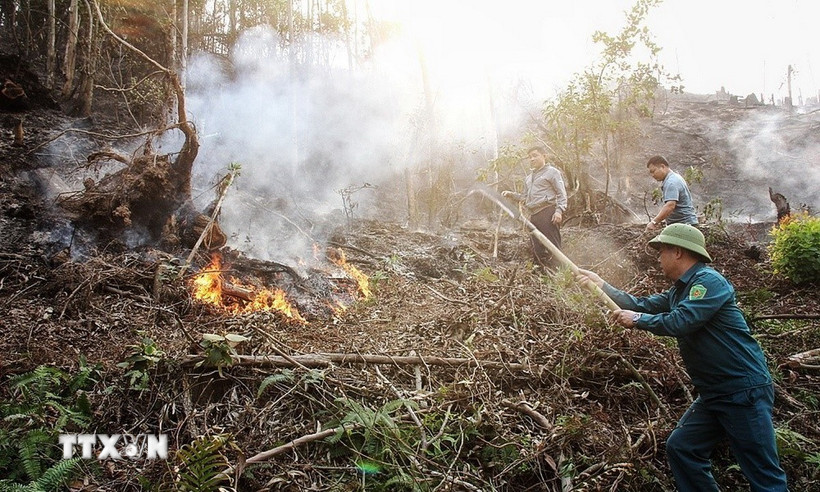 Đám cháy vẫn lan rộng tại khu vực núi Nghiêm (Tuyên Quang). (Ảnh: Hoàng Hải/TTTXVN)