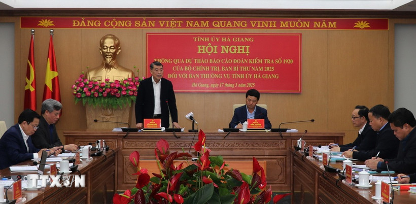 Ông Lê Minh Hưng, Trưởng đoàn kiểm tra Bộ Chính trị, Ban Bí thư, phát biểu tại buổi làm việc. (Ảnh: Minh Tâm/TTXVN)