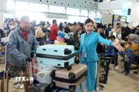 Mặc dù đông nhưng người dân, hành khách vẫn nhận được sự phục vụ, hướng dẫn nhiệt tình từ nhân viên mặt đất. (Ảnh: Quốc Khánh/TTXVN)