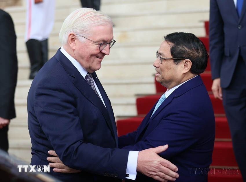 Thủ tướng Phạm Minh Chính hội kiến Tổng thống Cộng hòa Liên bang Đức Frank-Walter Steinmeier trong chuyến thăm cấp Nhà nước tới Việt Nam (24/1/2024). (Ảnh: Dương Giang/TTXVN)