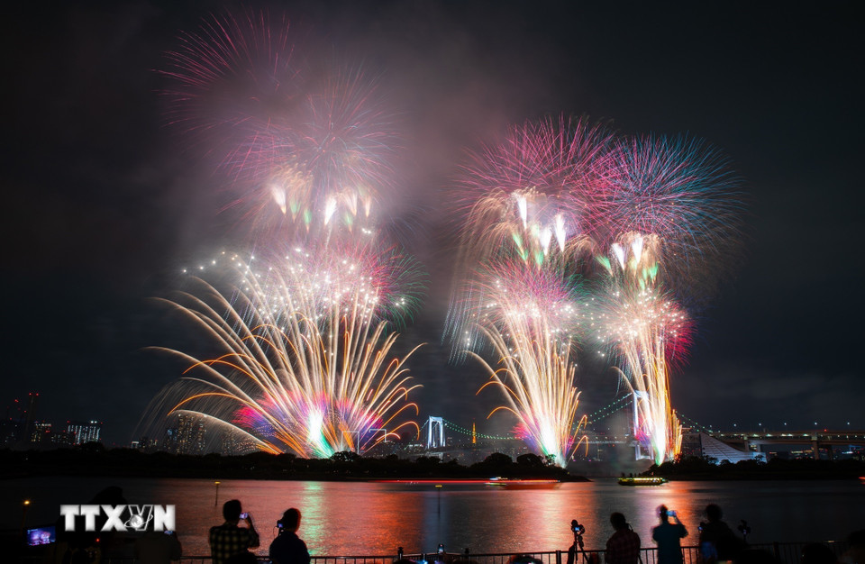 Pháo hoa rực rỡ thắp sáng bầu trời đêm Tokyo. (Ảnh: Xuân Giao/TTXVN)