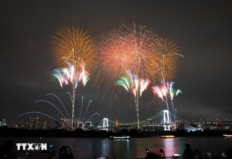 Người dân và du khách đắm chìm trong những màn pháo hoa mãn nhãn. (Ảnh: Xuân Giao/TTXVN)