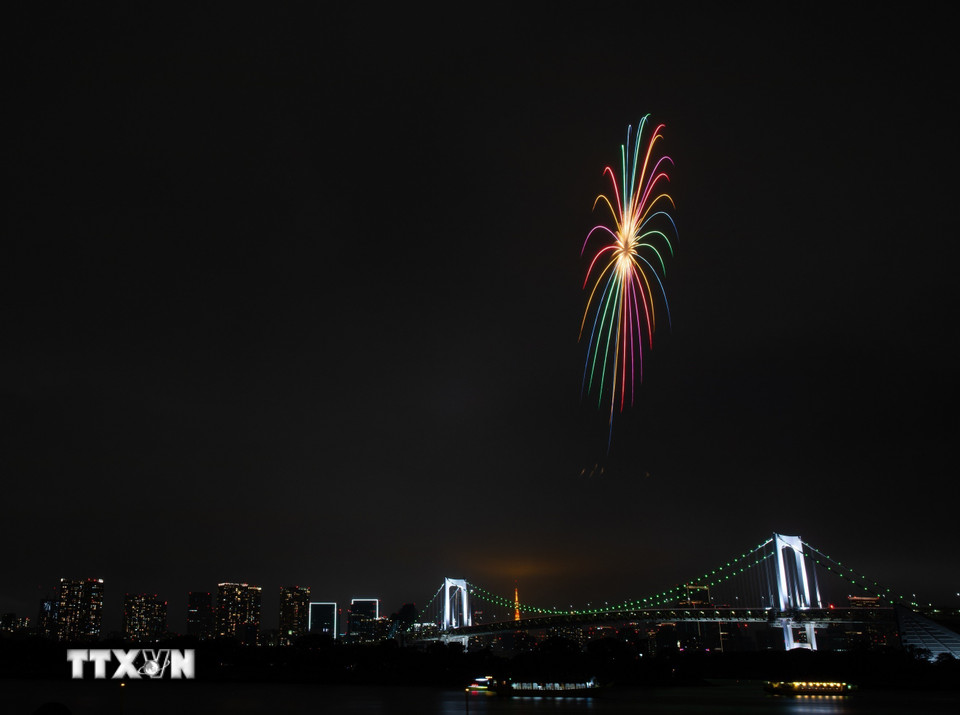 Màn trình diễn pháo hoa nghệ thuật ngay sát cầu "Rainbow" nổi tiếng kết nối đất liền với đảo nhân tạo Odaiba. (Ảnh: Xuân Giao/TTXVN)