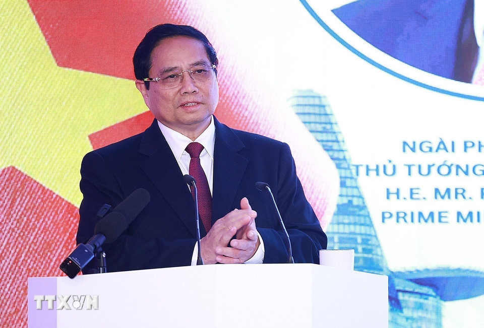 Thủ tướng Phạm Minh Chính phát biểu tại Diễn đàn doanh nghiệp Việt Nam-Séc. (Ảnh: Dương Giang/TTXVN)