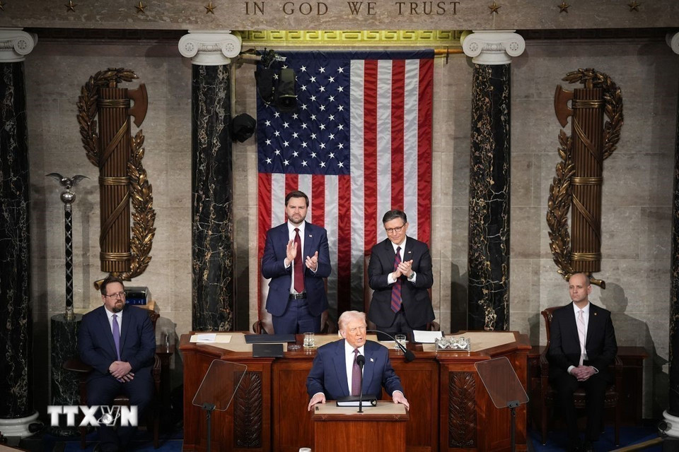 Ngày 4/3/2025, Tổng thống Mỹ Donald Trump có bài phát biểu trước Quốc hội, lần đầu tiên kể từ khi nhậm chức nhiệm kỳ 2. (Ảnh: Getty Images/TTXVN)