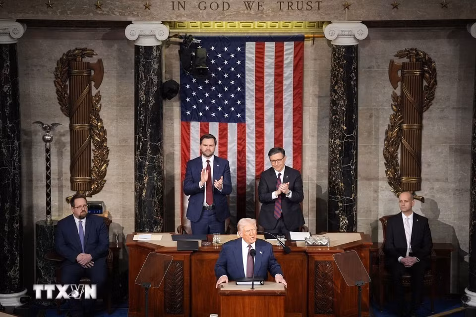 Ngày 4/3/2025, Tổng thống Mỹ Donald Trump có bài phát biểu trước Quốc hội, lần đầu tiên kể từ khi nhậm chức nhiệm kỳ 2. (Ảnh: Getty Images/TTXVN)