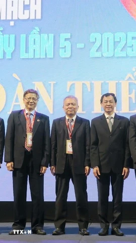 Lãnh đạo Bộ Y tế, Bệnh viện Chợ Rẫy chụp ảnh cùng chủ tọa đoàn, báo cáo viên của phiên toàn thể trong Hội nghị. (Ảnh: Đinh Hằng/ TTXVN)