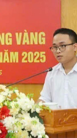 Em Trần Minh Hoàng, học sinh lớp 12 Toán 1, Trường THPT Chuyên Hà Tĩnh phát biểu tại buổi gặp mặt học sinh đoạt huy chương Vàng tại Kỳ thi Olympic Toán học quốc tế năm 2025 . (Ảnh: TTXVN phát)