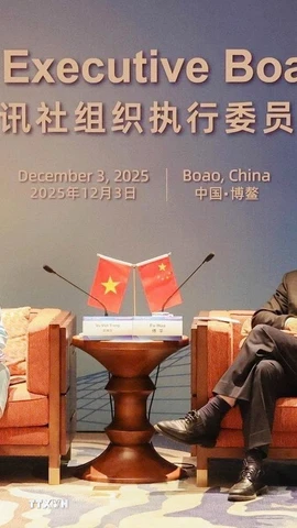 Tổng giám đốc TTXVN Vũ Việt Trang (trái) hội đàm với Ủy viên Trung ương Đảng Cộng sản Trung Quốc, Xã trưởng Tân Hoa xã Phó Hoa. (Ảnh: Công Tuyên/TTXVN)