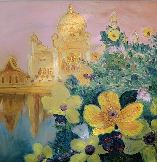 Hoa Simpor, Quốc hoa Brunei của Bùi Minh Hòa. Chị vẽ những đóa hoa mọc bên sông, xa xa là Thánh đường Hồi giáo Omar Ali Saifuddin, đại diện cho sự sung túc của Vương quốc Brunei. (Ảnh Minh Thu/Vietnam+)