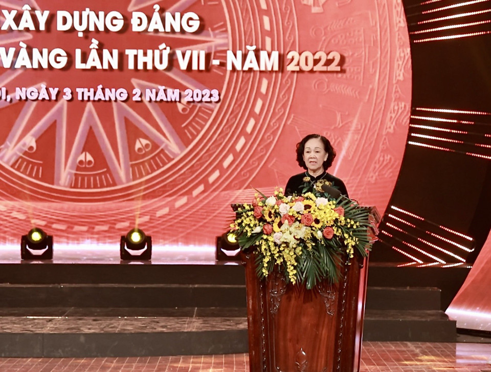 Bà Trương Thị Mai, Ủy viên Bộ Chính trị, Bí thư Trung ương Đảng, Trưởng Ban Tổ chức Trung ương phát động Giải Báo chí Toàn quốc về Xây dựng Đảng (Giải Búa liềm Vàng) lần thứ VIII-năm 2023. (Ảnh: Hiếu Hoàng/Vietnam+)