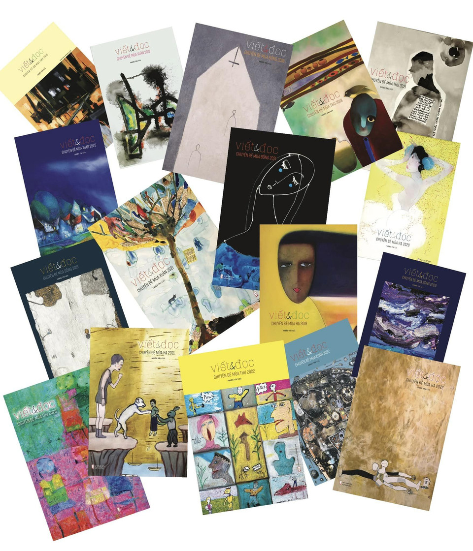 Các ấn phẩm “Viết và đọc” xuất bản trong thời gian qua. Chủ tịch Hội Nhà văn Việt Nam thừa nhận rằng ấn phẩm có những bài hay, bài dở, có số làm tốt, số chưa được, có cả lời khen, lời chê… Nhưng “Viết và đọc” đã là ngôi nhà để những người kể câu chuyện của thế gian bước vào. Họ kể lại vẻ đẹp của cuộc sống, của nhân bản. (Ảnh: Hội Nhà văn Việt Nam) 