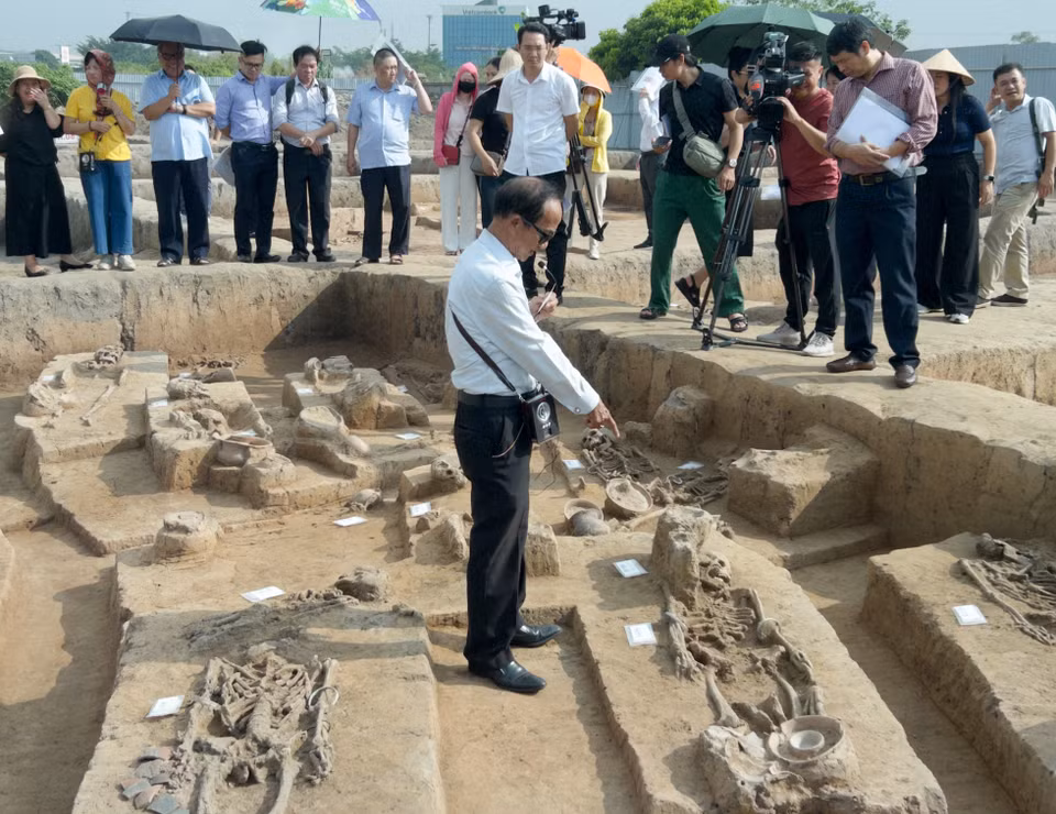 Phó Giáo sư-Tiến sỹ Nguyễn Lân Cường, Tổng Thư ký Hội Khảo cổ học Việt Nam dẫn đoàn nghiên cứu và truyền thông tham quan các hố khai quật. (Ảnh: Phương Anh/Vietnam+)
