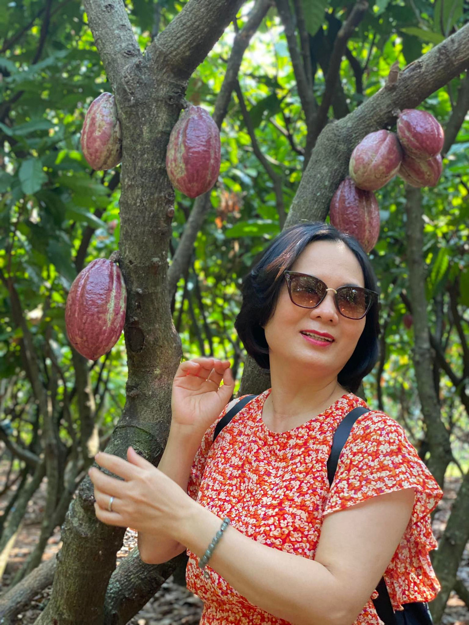 Nữ du khách thích thú tạo dáng bên những trái cacao chín đỏ. (Ảnh: Minh Thu/Vietnam+)