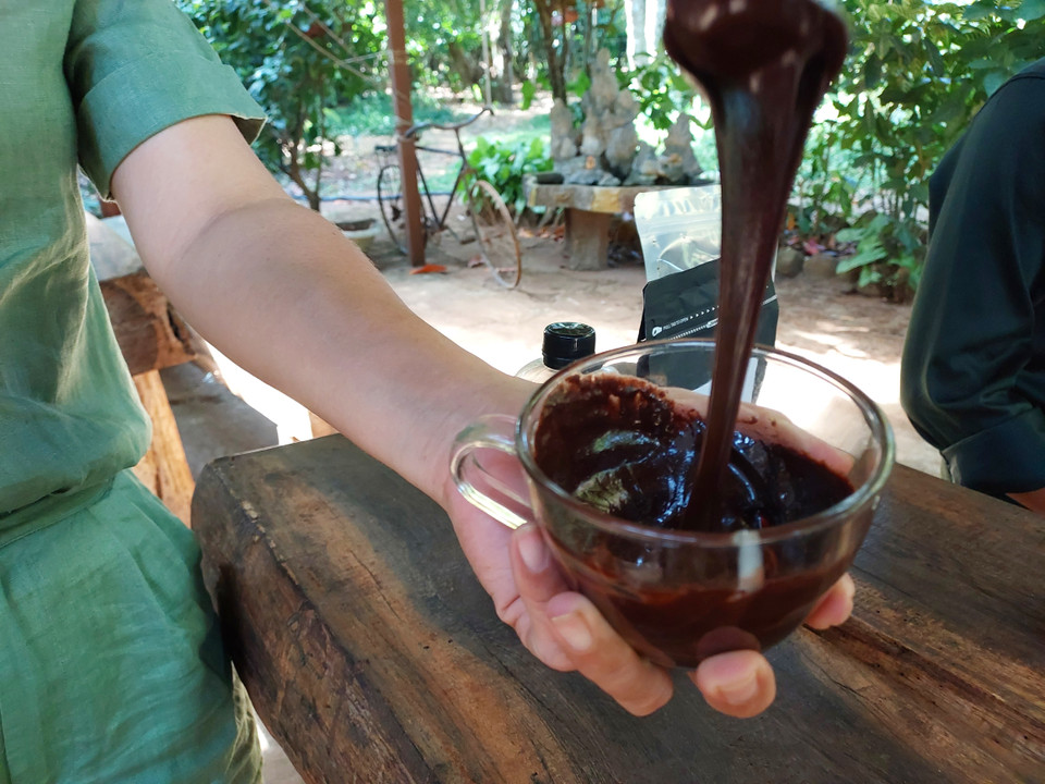 Du khách cũng có thể trải nghiệm vị chocolate tươi ngay tại vườn. (Ảnh: Minh Thu/Vietnam+)