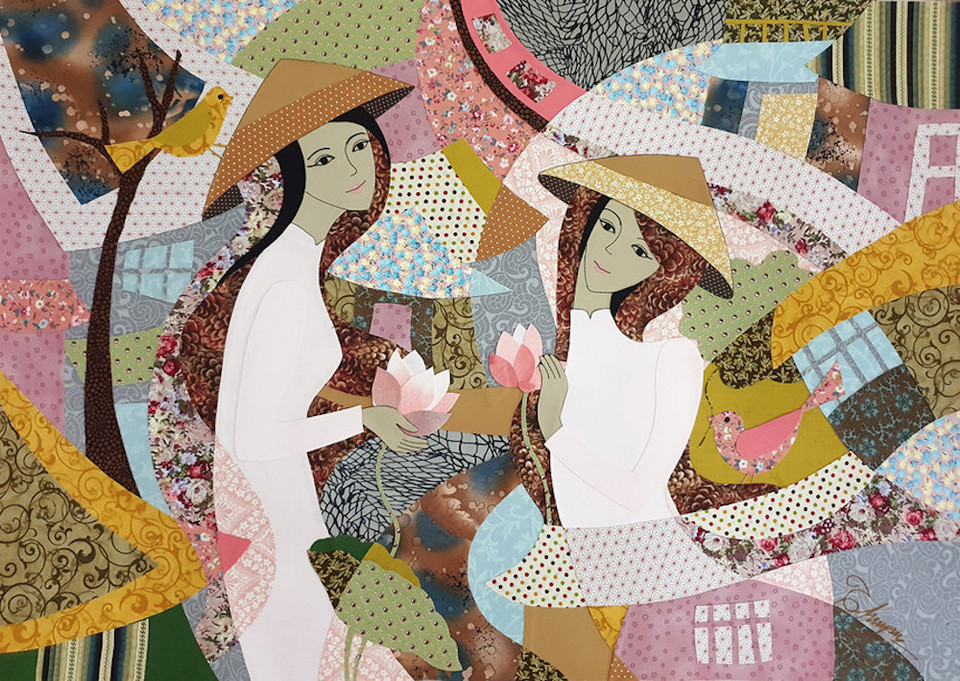 Dựa trên kỹ thuật quilting (may hai hoặc nhiều lớp vải vào nhau, sử dụng phổ biến trong may vá, trang trí nội thất), Nguyễn Thu Huyền đã tạo ra những bức tranh ghép vải mang dấu ấn riêng. (Ảnh: BTC)